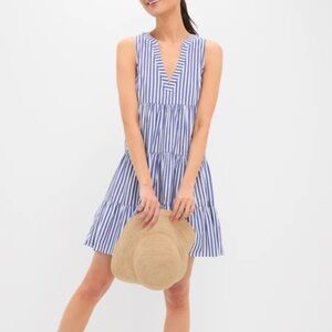 Pomander Place Blue & White Striped Tiered V-Neck Mini Dress